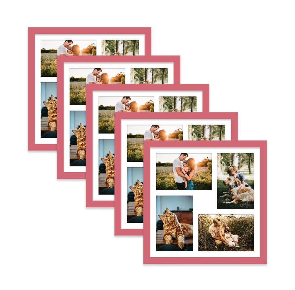 Pink Multi Photo Frame - Holds 4 x 6x4 Pictures, Family Collage Picture Frame for Wall Display, 12x12 Frame size, Set of 5