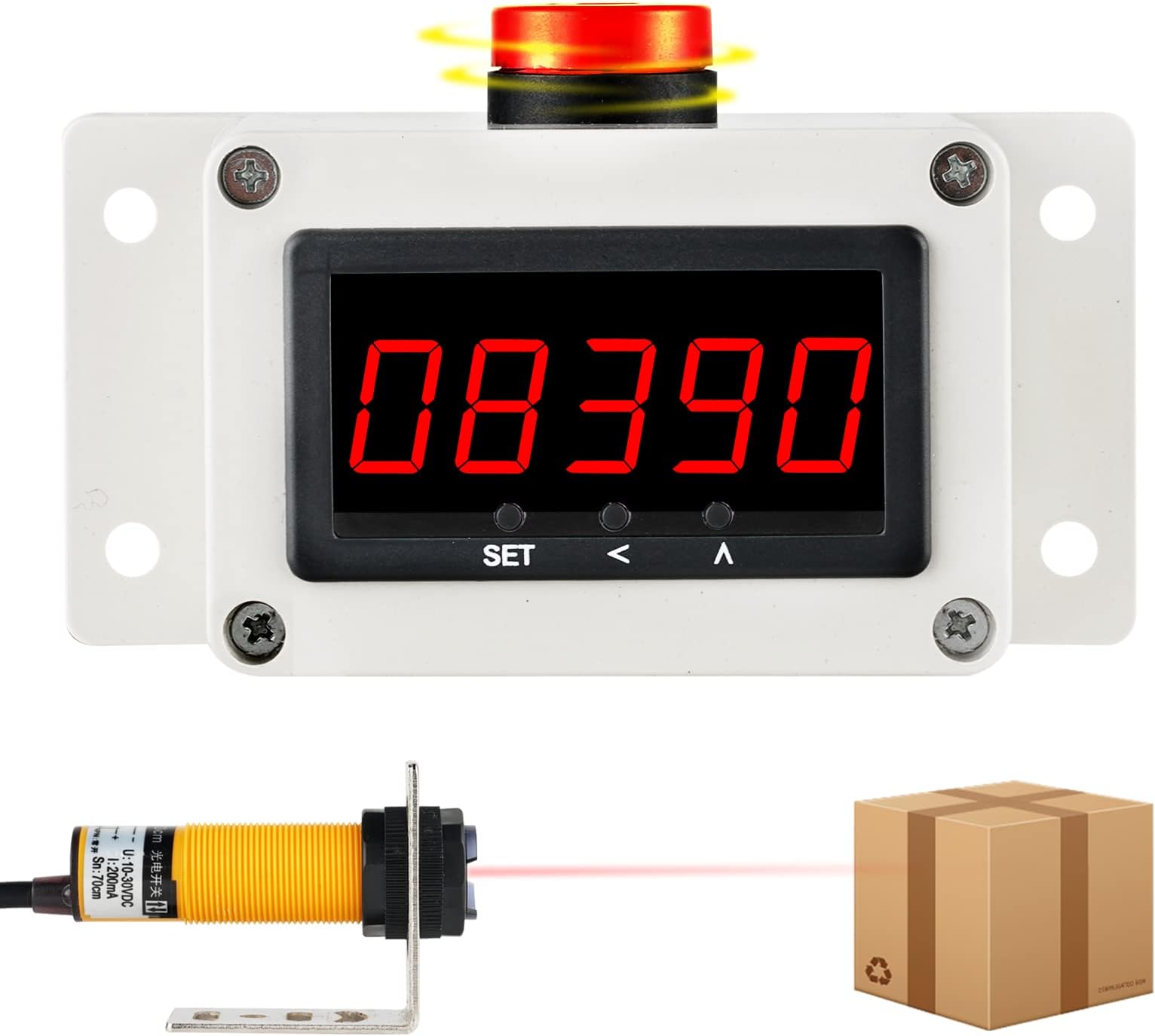 Digital LED Counter Piece Counting Count Up to 99999 with Alarm Reminder Infrared Sensor Sensing Distance 27in Input AC100-240V for Factory Conveyor