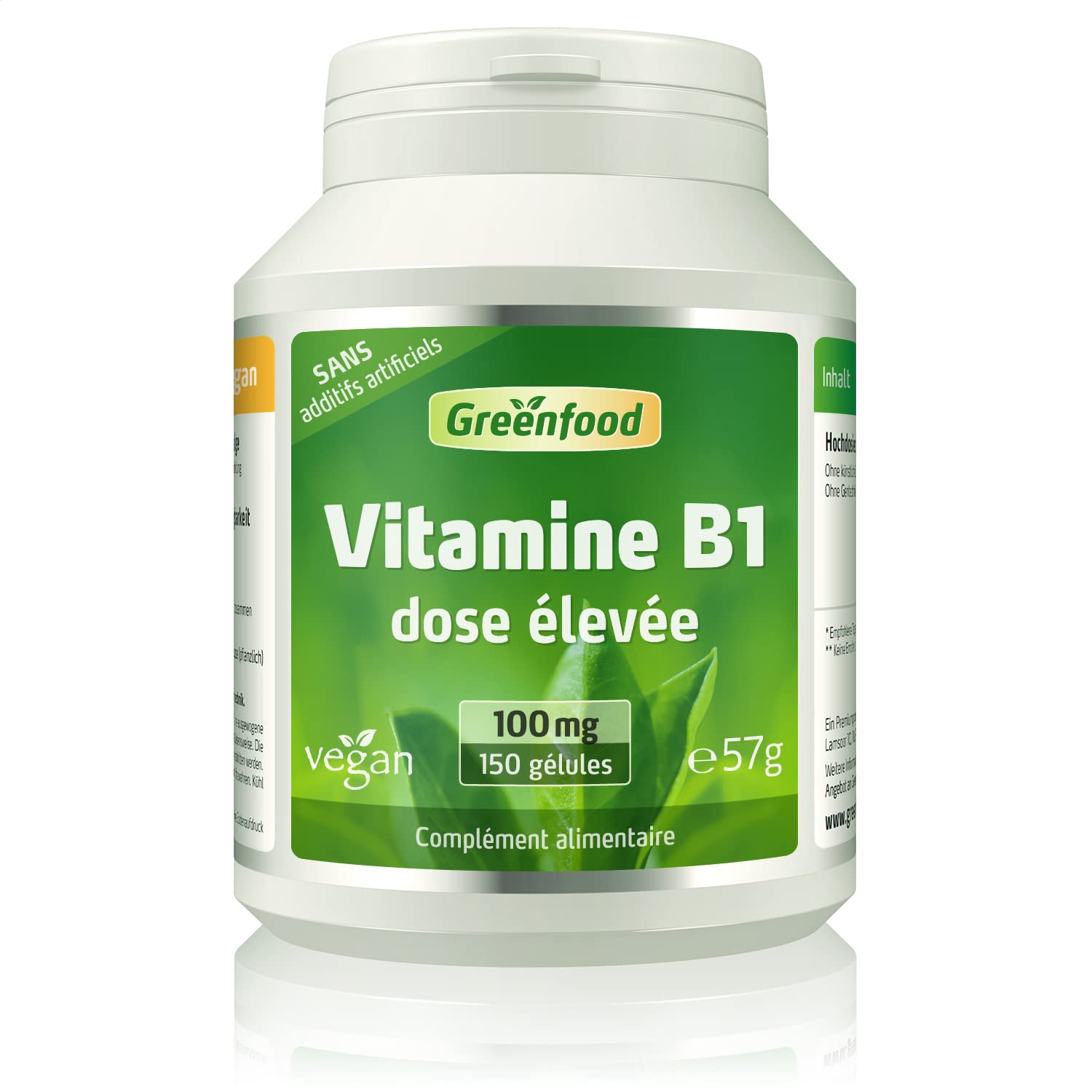 Greenfood Vitamine B1, 100 mg, gélules - SANS additifs artificiels | Pour le système nerveux et l’énergie, haute biodisponibilité, testé en laboratoire, sans OGM, vegan