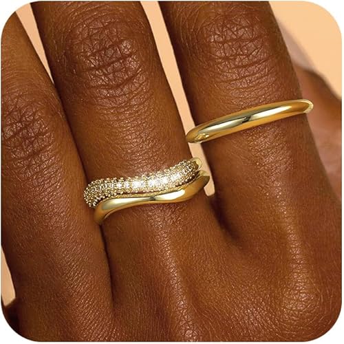 Gold Rings for Women Non Tarnish Dainty 14k Gold Plated Stackable Ring Set Trendy Cubic Zirconia Thumb Wedding Engagement Bands Rings for Women Size 5 6 7 8 9 10 11