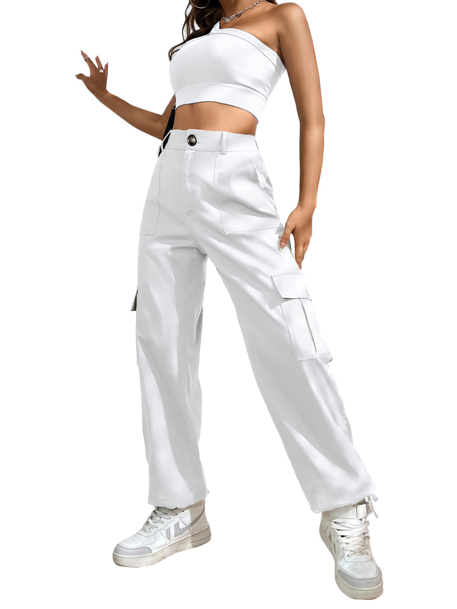 Photo 1 of LOLOCCI Cargo Pants for Women High Waisted Travel Tactical Streetwear Casual Pants with 6 Pockets Drawstring Ankle Cuffs White - Medium