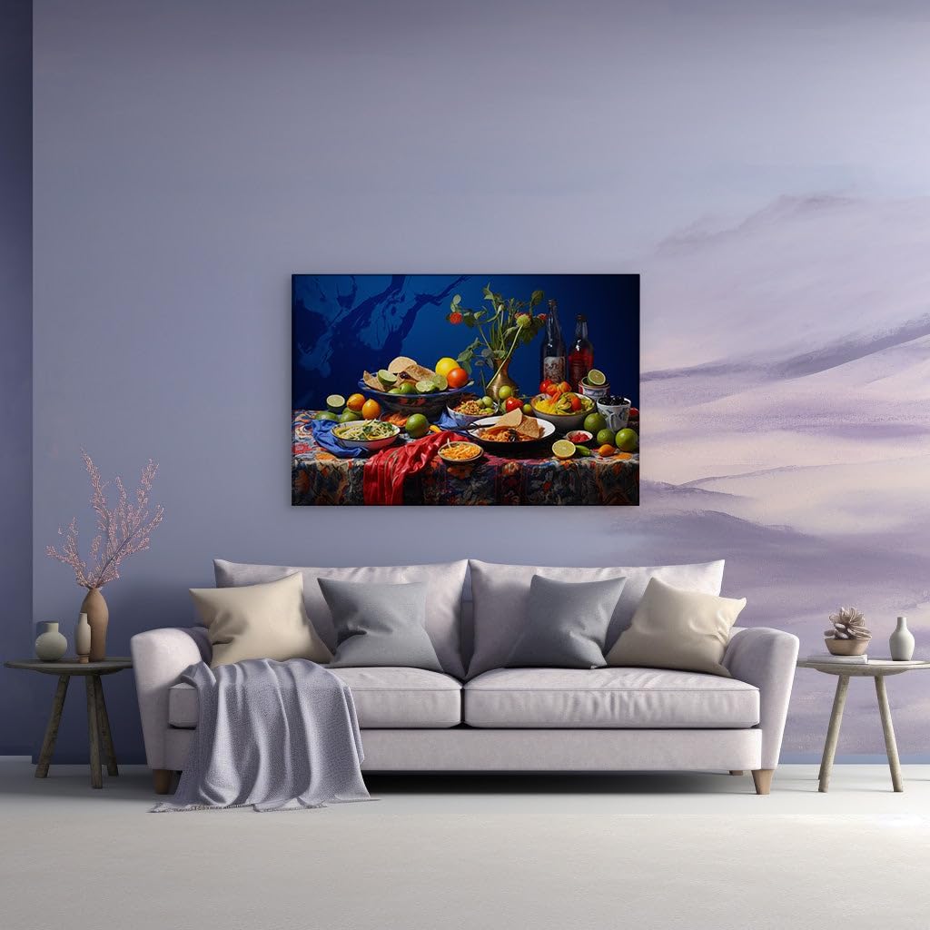 Canvas for Living room. Feast of Colors: A Vibrant Communal Dining Experience Unfolds Against a Blue Canvas, 27 x 18 inch Canvas Wall Art - Abstract Expressionist - Modern Home Decor