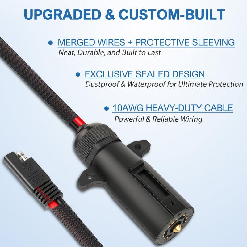 7 Way Trailer Plug to SAE Power Cable,(10AWG1.5Ft)7Pin Power Access,7-Way Blade to 2Pin SAE 12V Charger Source,7PoleTrailer Plug Charging Cord for RV Truck,Air Compressor,Portable Cooler,LED Pod Light