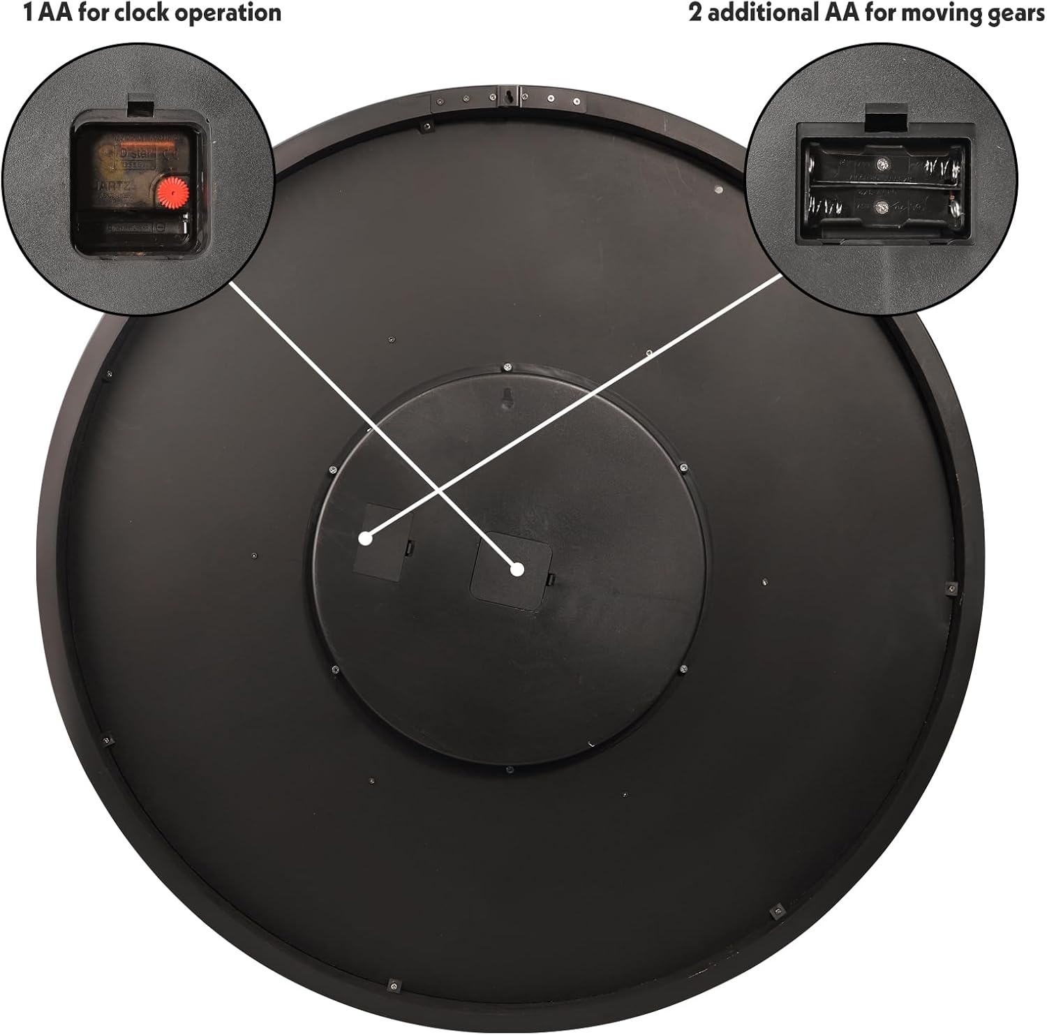 HOIBAI Large Wall Clock for Living Room Decor 36 Inch Farmhouse Vintage Rustic Kitchen Vintage Roman Oversized Wall Clock for Home Bedroom House Office, Moving Gears Clock(36 Inch,Vintage Wood Black)