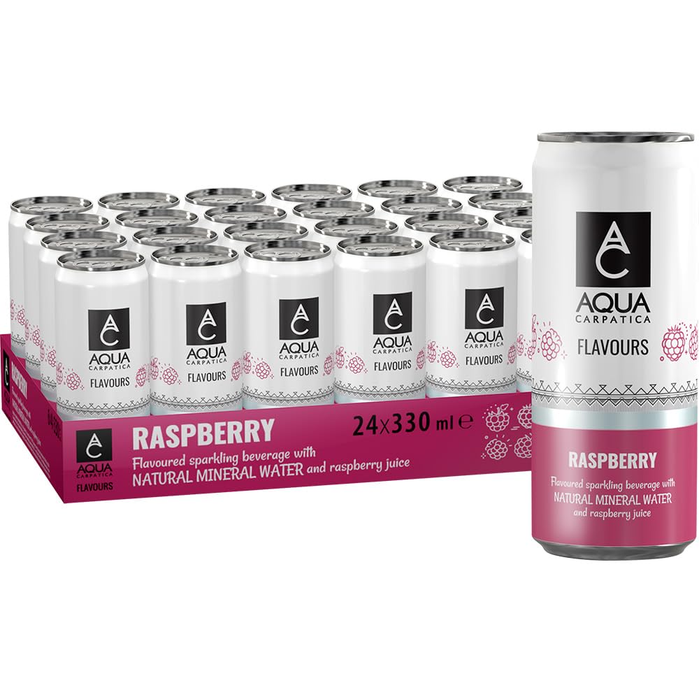 AQUA Carpatica Sparkling Flavours Raspberry 330ml x 24 - Natural Fruit Juice Infused Sparkling Water, Naturally Alkaline, Sweetened with Agave Syrup, Rich in Minerals