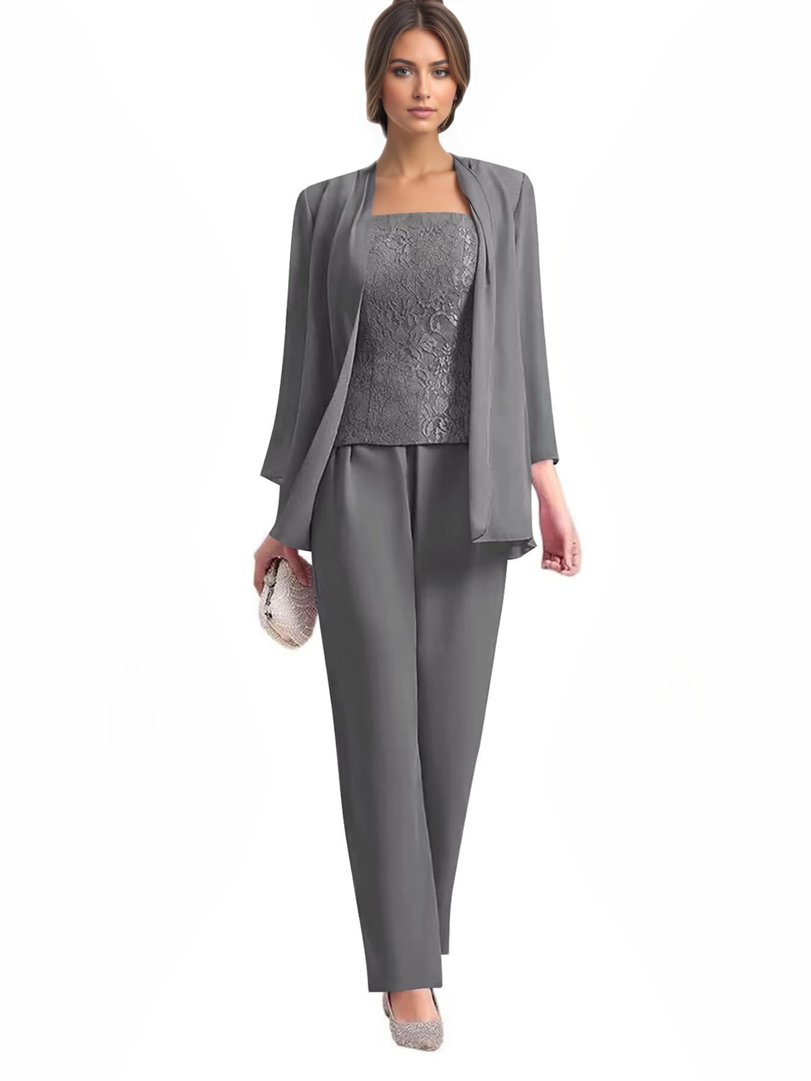 Chiffon Lace Mother of The Bride Pant Suits for Wedding Guest - 3 Pieces Formal Grandmother Pantsuit Outfits