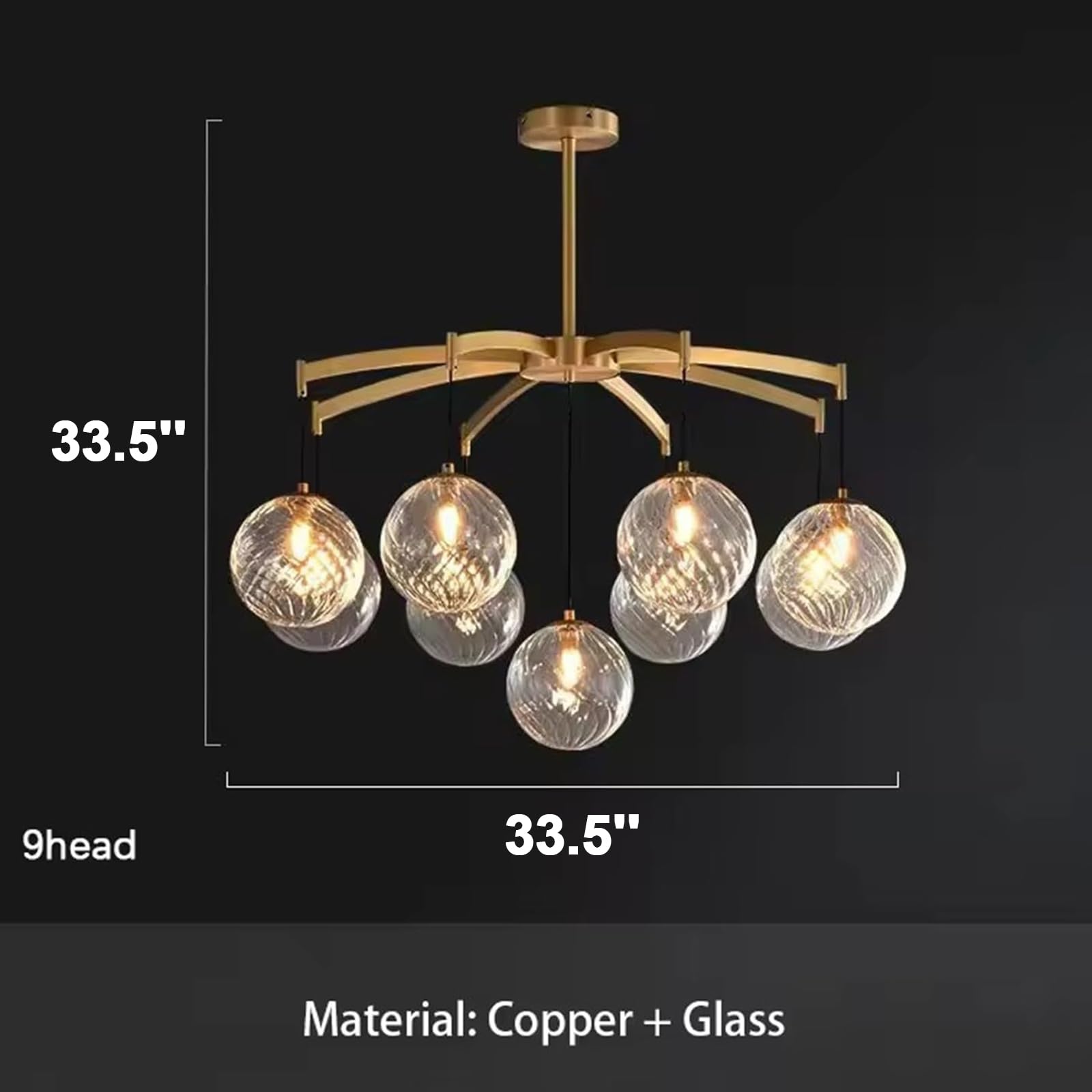 Lustre en verre doré entièrement en laiton, suspension ronde en verre soufflé transparent, hauteur réglable, pour salle à manger, cuisine, restaurant (9 têtes, doré)