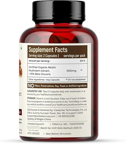 Miniatura 2 de Cápsulas de extracto de hongos Reishi (60 cápsulas vegetales, 500 mg)  Salud cardíaca, alivio del estrés, hígado. USDA orgánico, 30% beta-glucanos,