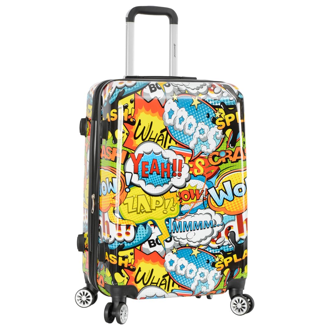 HLG286 - Maleta de carcasa rígida con estampado de cómic, cuatro ruedas, ampliable, Blue, Medium - H:66 x L:42 x W:27 cm, 3.5kg, Equipaje rígido con ruedas giratorias