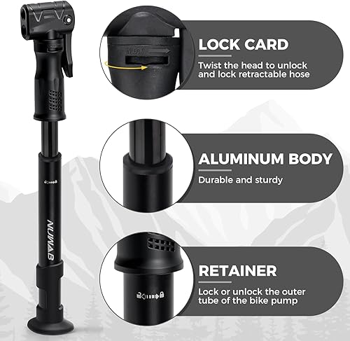 Miniatura 4 de NUWAB Mini bomba de bicicleta, bomba de bicicleta de mano portátil de 10 pulgadas, 100 PSI, soporte Shrader y Presta, bomba de bola de salida de