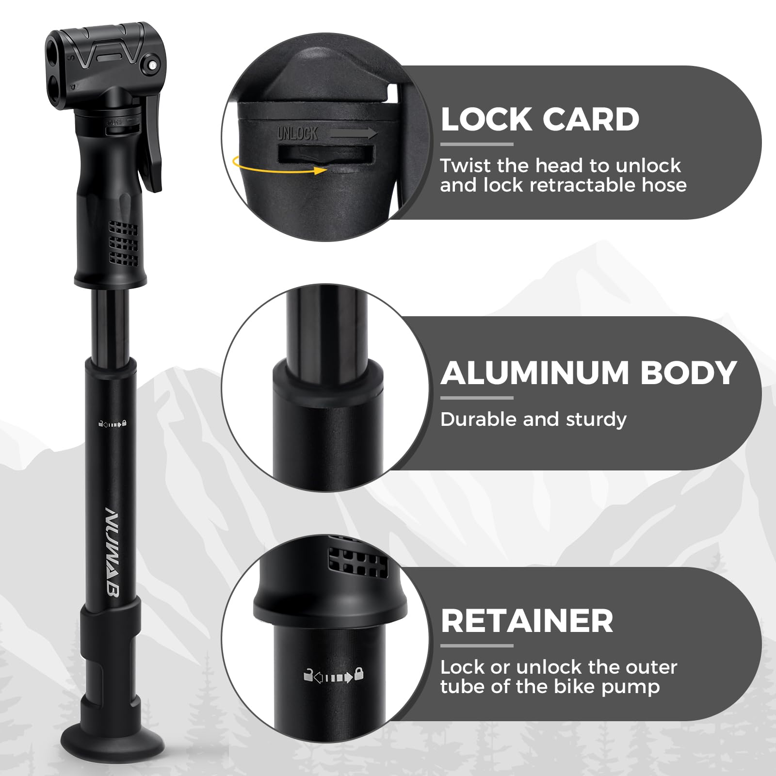 NUWAB Mini Bike Pump, 10 Inch Portable Hand Bicycle Pump, 100PSI, Support Shrader and Presta, Fast Air Out Ball Pump, Work with All Bikes and Balls, Swimming Ring, Come with Ball Needles, Nozzles