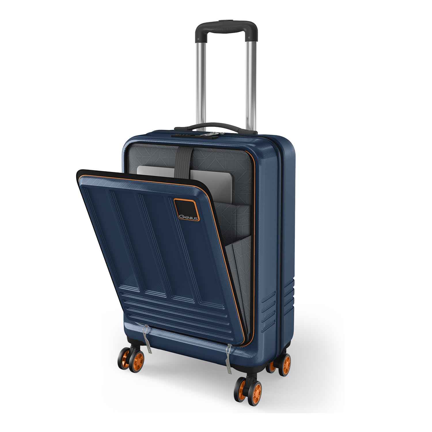 Safari Genius Cabin Trolley Bag with Laptop Compartment, Hardside Polycarbonate Small (55cm) Suitcase | 360° 8 Wheel Spinner Travel Luggage| Recessed Combination Lock|Paradox| Graphite Blue-image-40