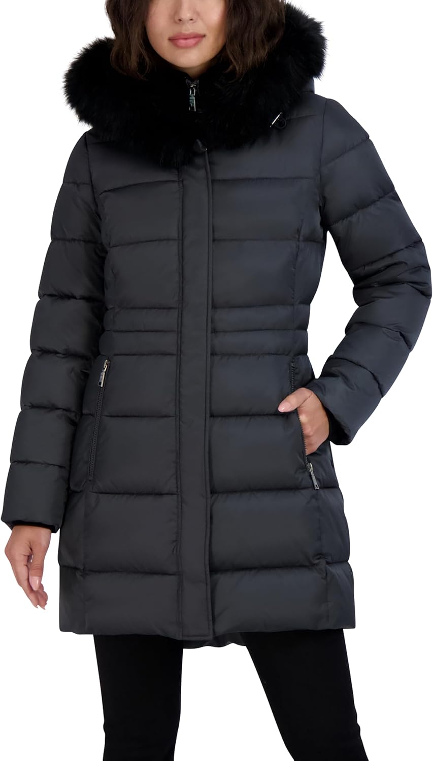TAHARI Women's Mid-length Quilted Puffer Coat With Attached Hood, Faux Fur Trim, Velvet Bib & Zipper Closure