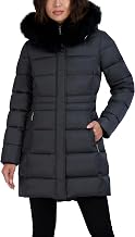 TAHARI womens Mid-length Quilted Puffer Coat With Attached Hood, Faux Fur Trim, Velvet Bib & Zipper Closure
