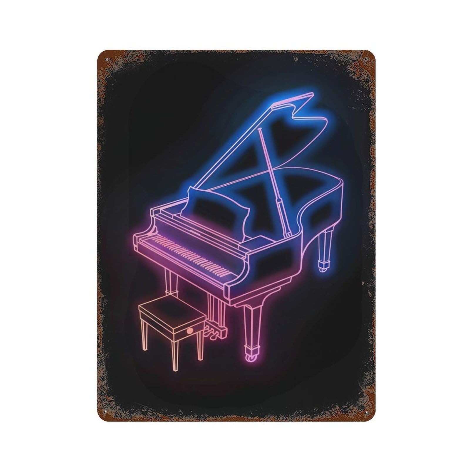 Piano Music Neon 15.7"x11.8" Rusty Metal Tin Sign, Novelty Wall Decor for Cafe, Home Bar And Lounge Decor