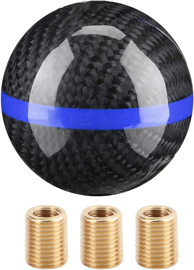 Qiilu Carbon Fiber Shift Knob Gear Shifter Knobs with 3 with 8mm/10mm/11mm Adapter Round Ball Manual Stick Shifter 6 Speed Black with Blue Line