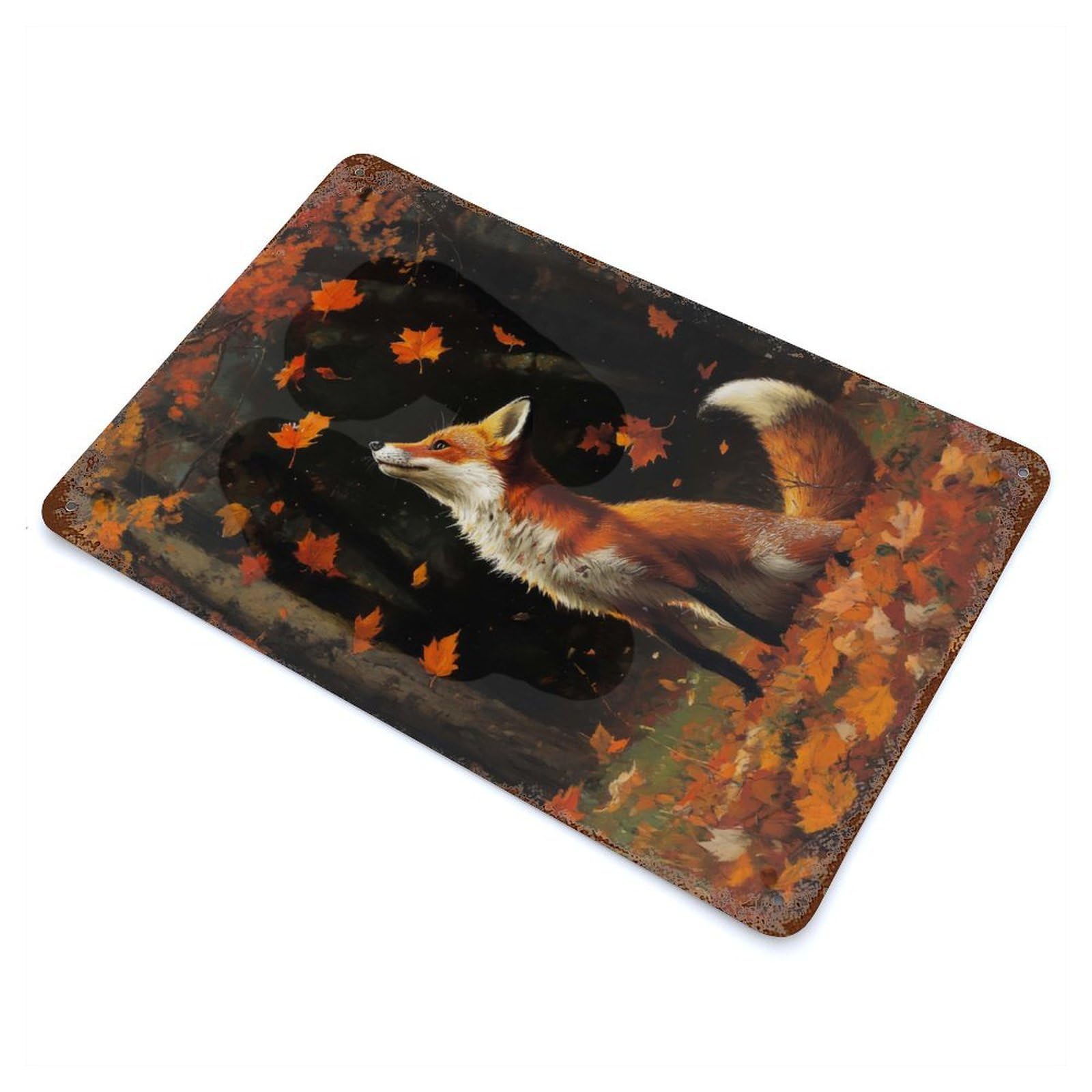 Fox in Autumn Forest 11.8"x7.9" Rusty Metal Tin Sign, Novelty Wall Decor for Cafe, Home Bar And Lounge Decor