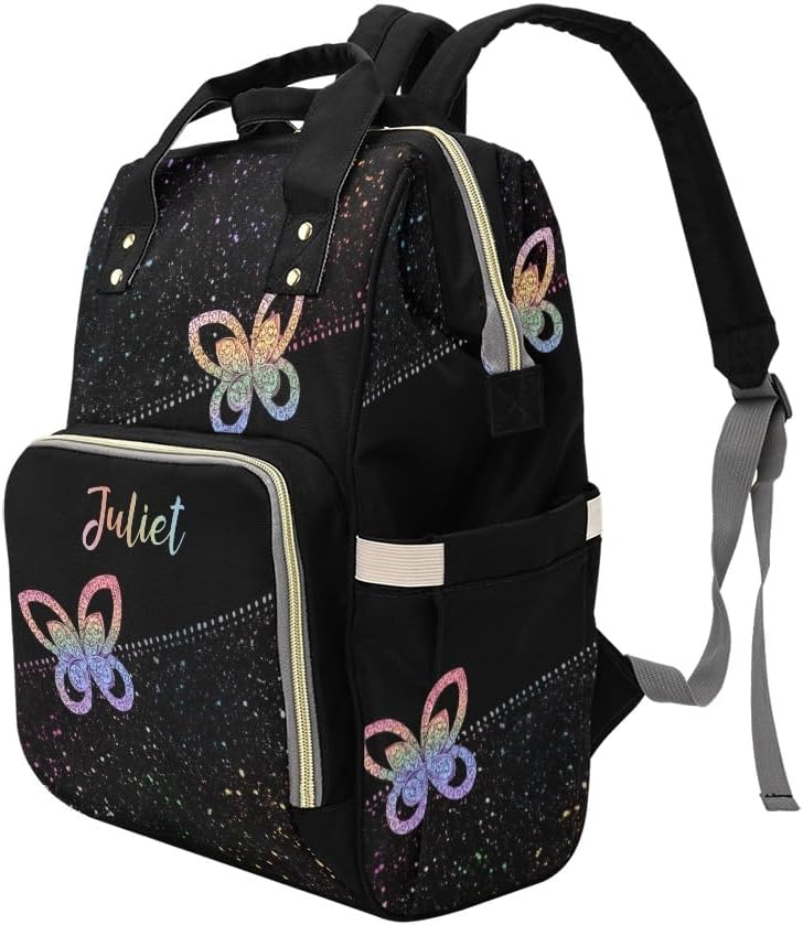Custom Diaper Bag Backpack Name Gift Shining Butterflies Colorful Cute Versatile Travel Bag: Large Capacity & Multiple Compartments for Everyone