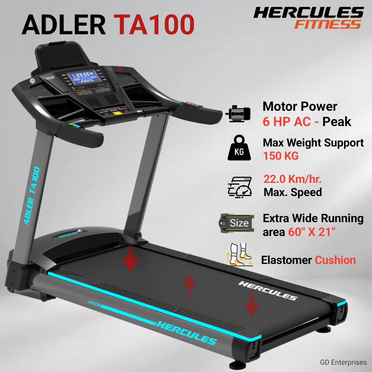Hercules TA100 6.0 HP AC Motor Commercial Treadmill with 22 Km/hr Max Speed, 150 Kg Max User Weight, 15-Level Auto Incline, Free Installation Assistance 8 61wSDCbUfYL. SL1280