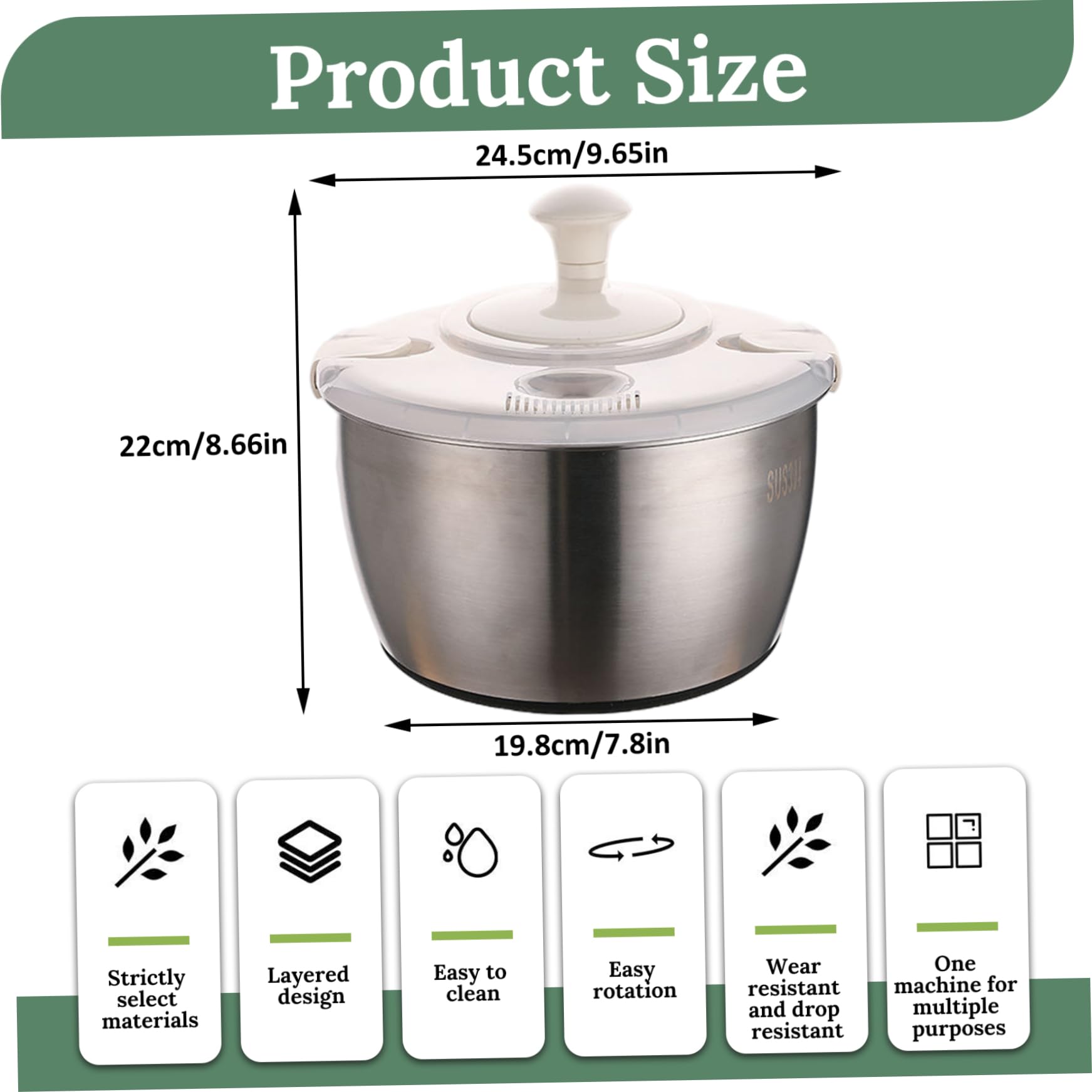 Essoreuse à Salade, essoreuse à laitue Double Couche en Acier Inoxydable et PP de 5 L avec Couvercle et poignée rotative
