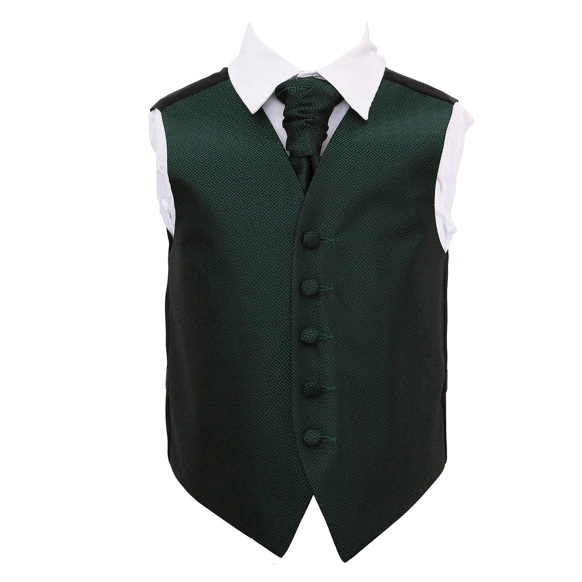 DQT Boys Greek Key Jacquard Waistcoat & Pre-Tied Scrunchie Cravat Set (2pc) - Wedding Pageboy Formal Vest - Dark Green 13-14 Years 34"