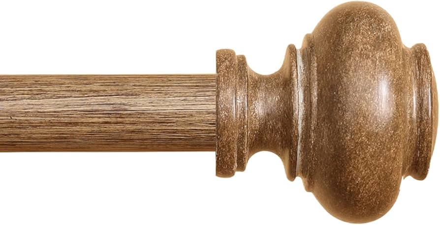 Wood Curtain Rods for Windows 48 to 84 Inch, 1 Inch Heavy Duty Curtain Rods with Imitation Wood Grain Finials, Boho Adjustable Drapery Rods, Farmhouse Rustic Single Window Curtains Rods