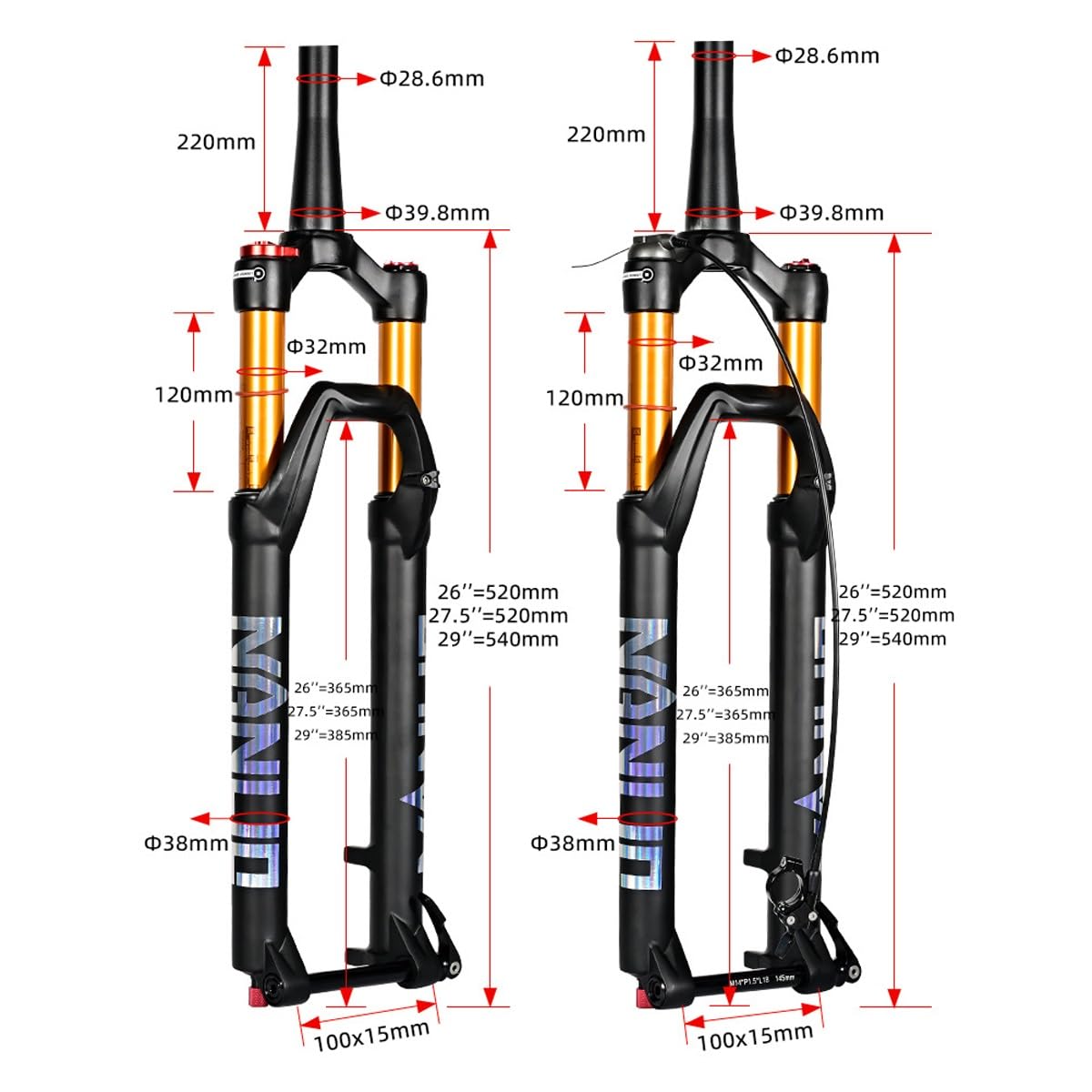 Forcella per Mountain Bike Forcella A Sospensione Air 27.5/29er Corsa 100 Mm Forcella MTB Perno Passante 100x15mm 1-1/2" Conico Blocco Remoto per Biciclette AM/FR/XC