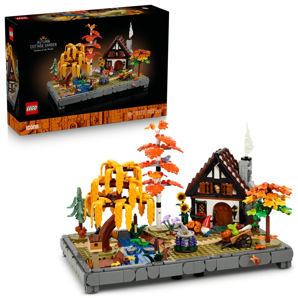 LEGO Icons Jesienny ogród z chatką 11372 | Rustykalna dekoracja do domu, kreatywne hobby, prezent dla dorosłych, zestaw klocków dla kobiet i mężczyzn, 1102 elementy