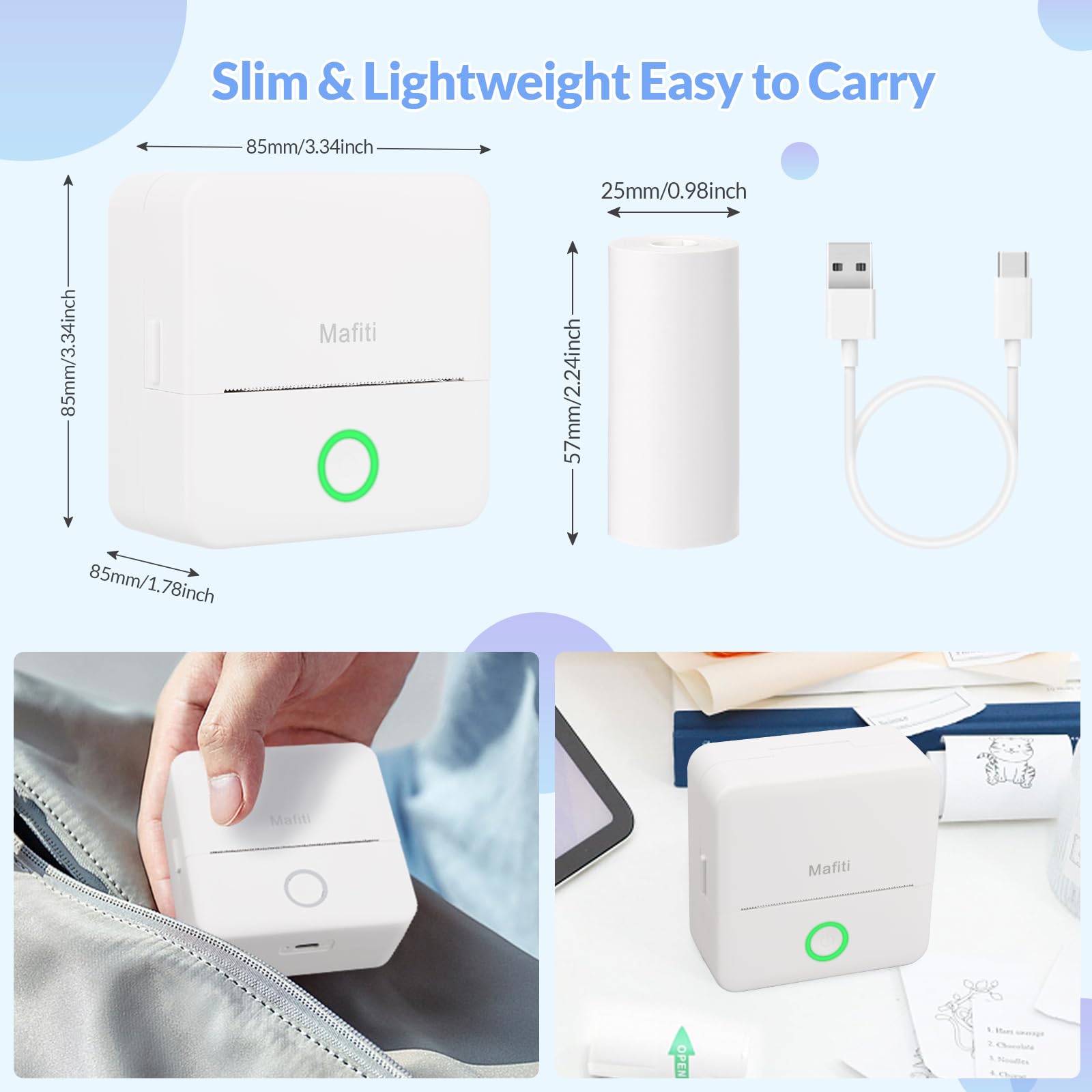 mafiti Mini termiczna drukarka fotograficzna Bluetooth, kompatybilna z systemem iOS Android, do pomocy w nauce, do biura, na etykietę paragonową, zabawa, praca, dziennik