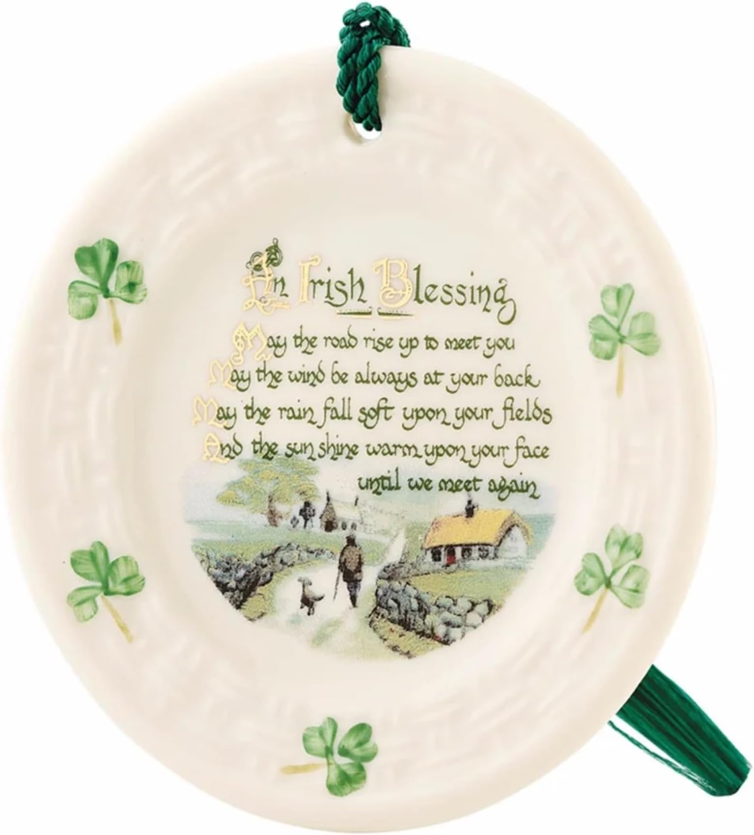 Belleek Irish Blessing Ornament - Christmas Tree Ornament Fine Parian China Shamrock Holiday Home Decor, White, 3.3 Inches