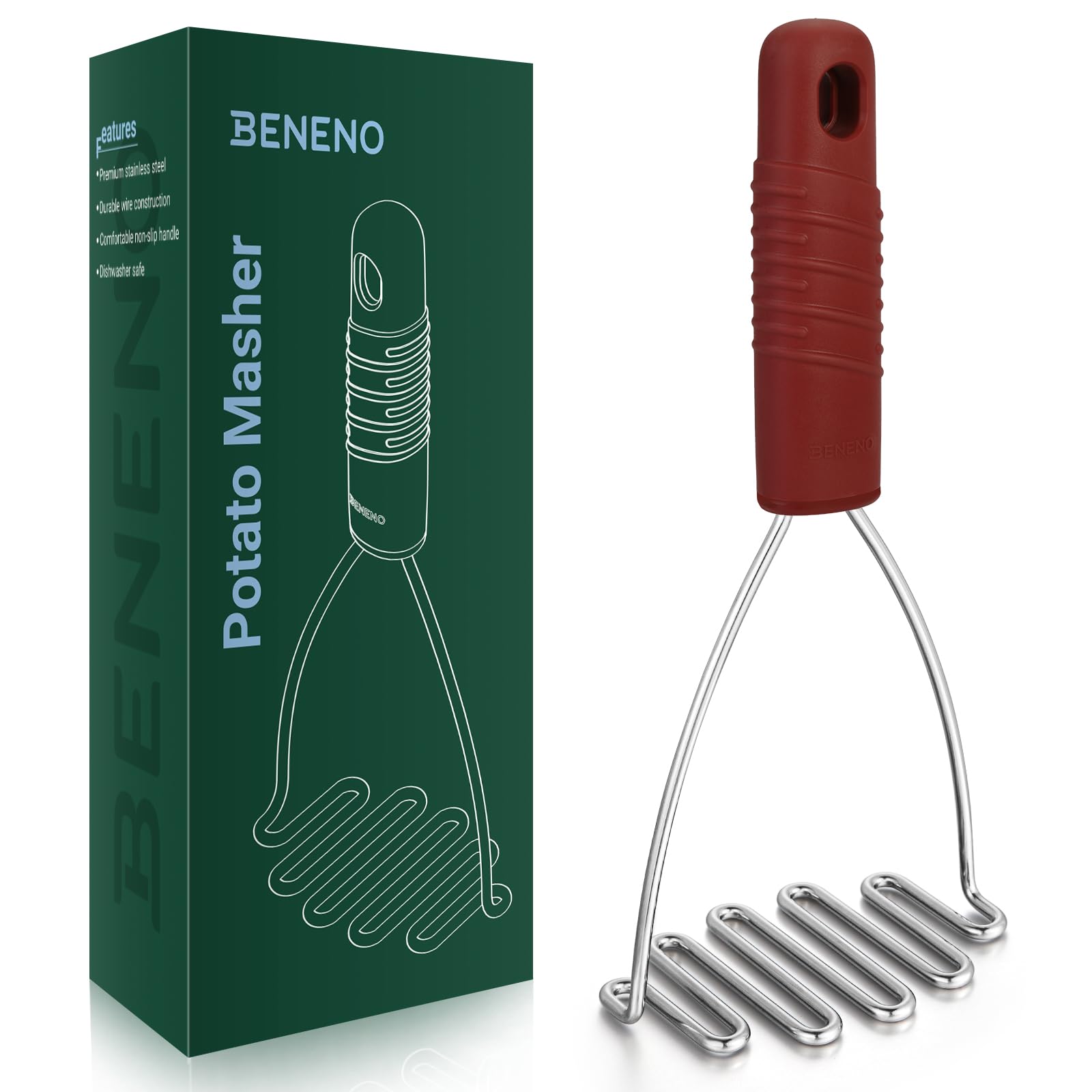 Beneno Ergonomic Soft Grip Stainless Steel Potato Masher, Black