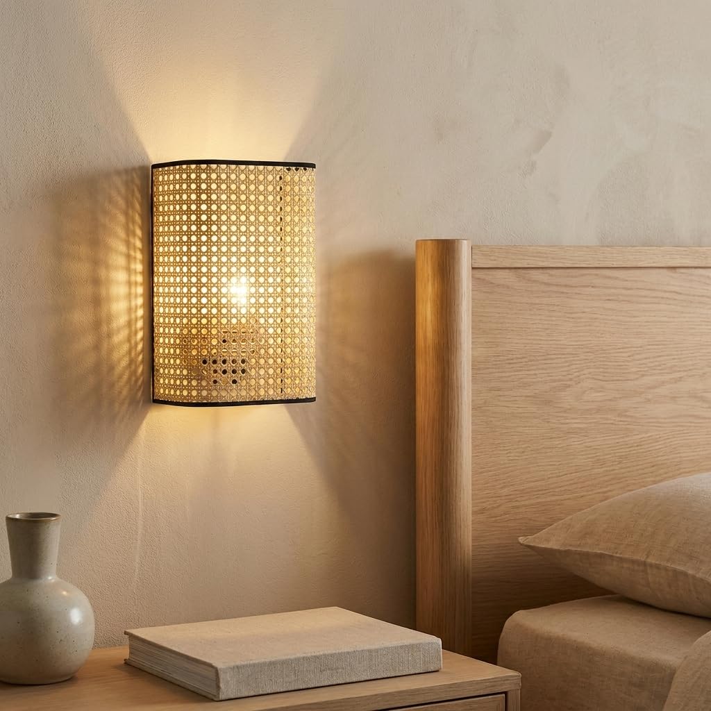 Alpinaluz Applique murale avec abat-jour rectangulaire en bambou et rotin, diffuseur acrylique, style moderne rustique, douille E27, lumière décorative pour chambre, salon et couloir