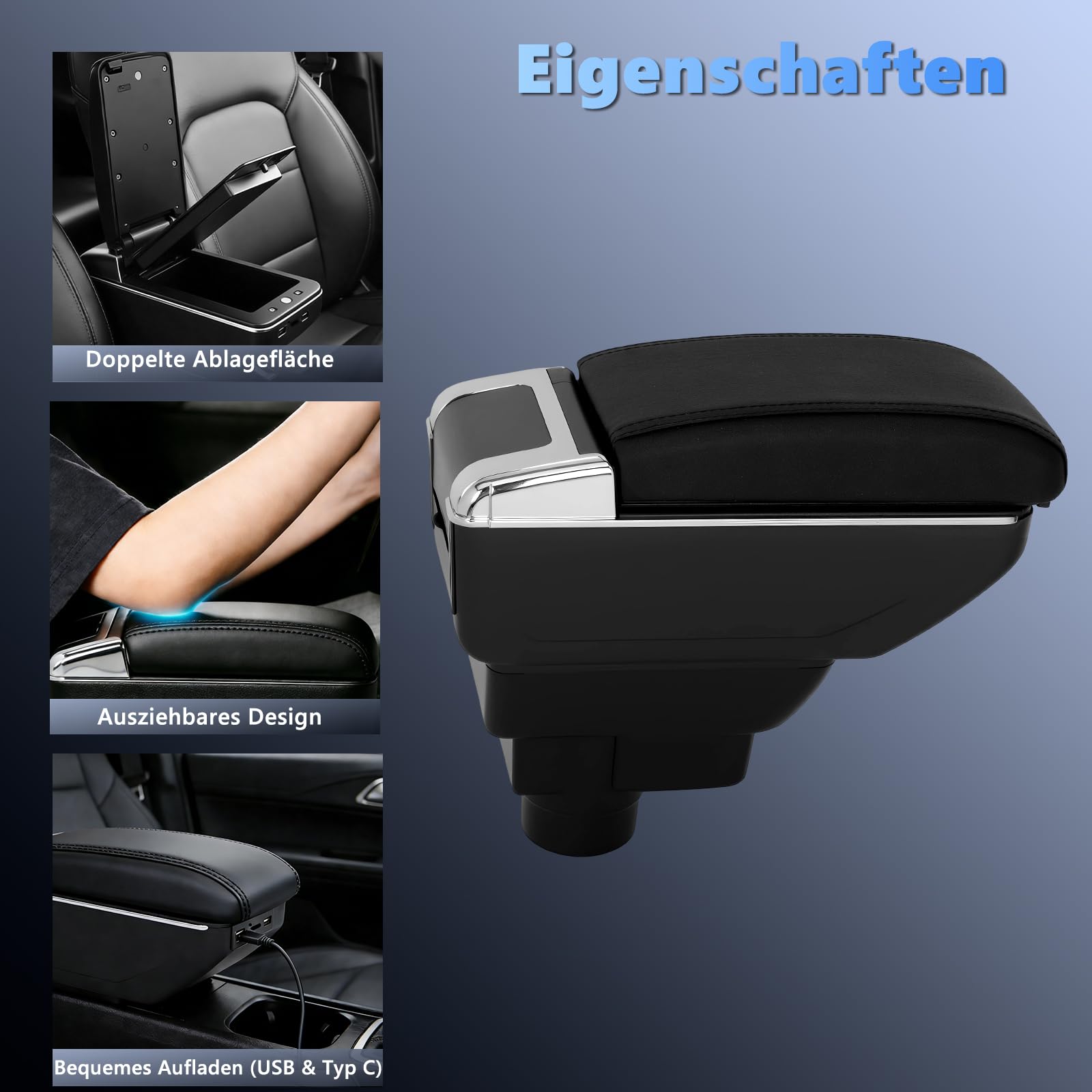 Mittelarmlehne für VW UP 2011-2023, Auto Armlehne Doppelschichtige Aufbewahrungsbox, Verstellbare Mittelkonsole, Kunstleder Schwarz
