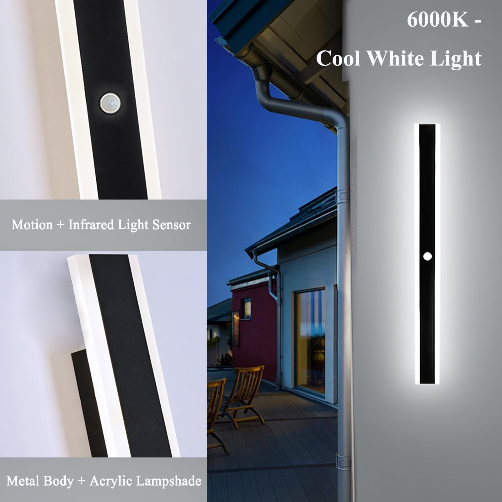 Lungo Applique da Parete LED con Sensore di Movimento 60CM Esterno Nera Lampada da Parete Moderna Impermeabile Luce Bianco 6000K Aplique Interno Esterni per Terrazza Veranda Balcone Villa
