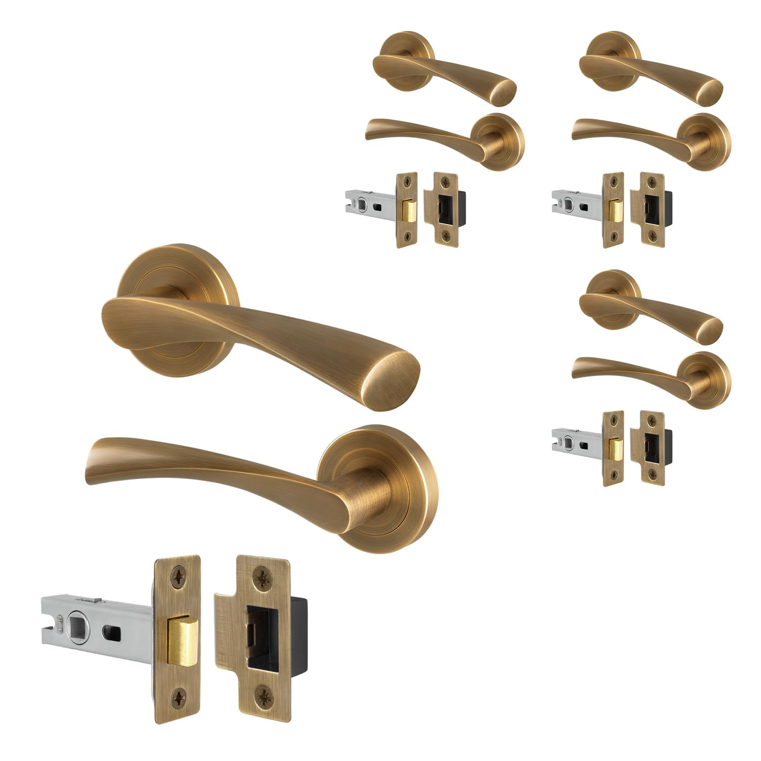 EAI Antique Brass Door Handles and Latch Set, 4 Pairs of Internal Round Rose Handles and Latch 64mm - Novoli Range