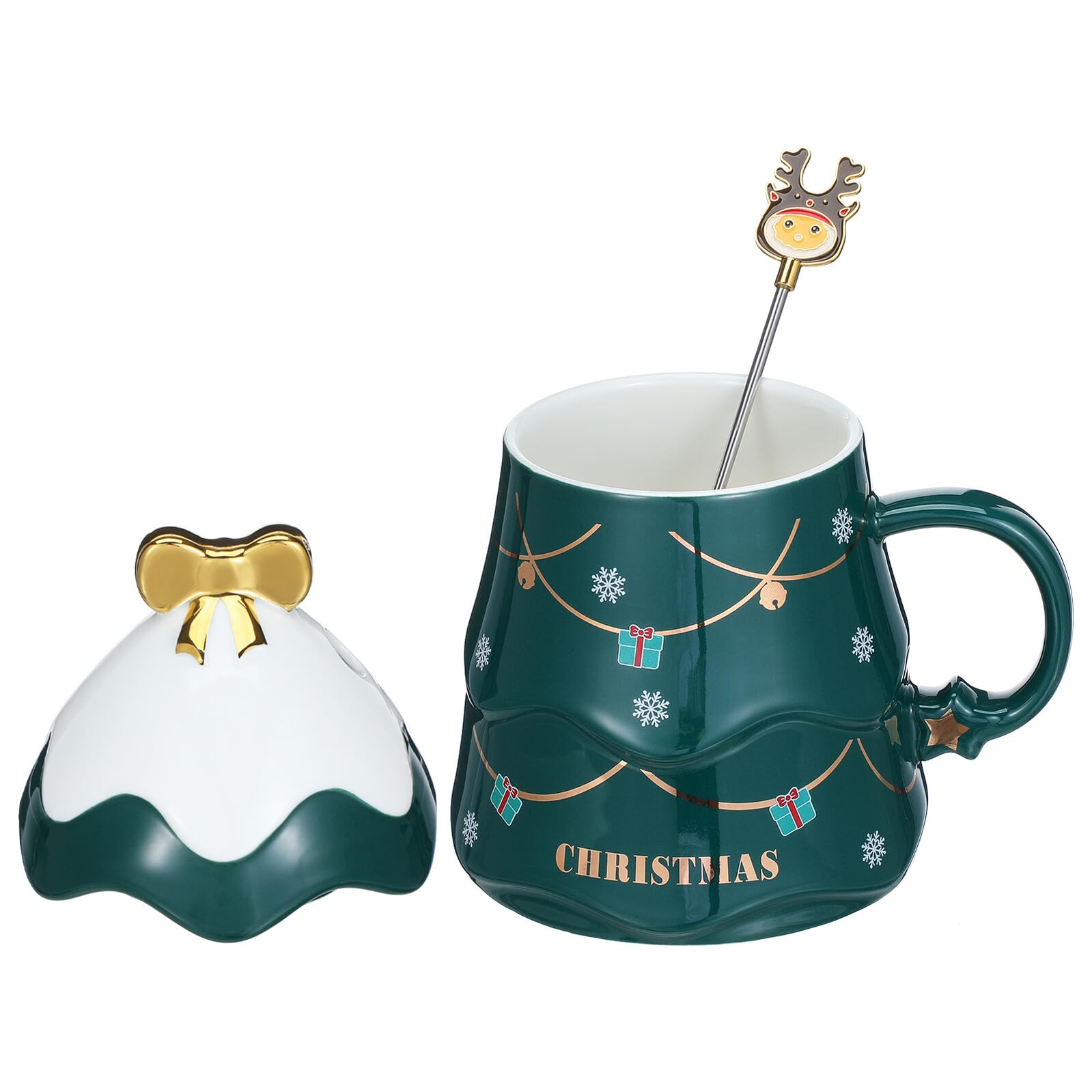 Taza de Cerámica Navideña Diseño de Árbol de Navidad Color Verde Tapa y Cuchara Juego de 1 Pieza Taza Creativa para Café Té y Leche Obsequio Adecuado para Navidad y Uso