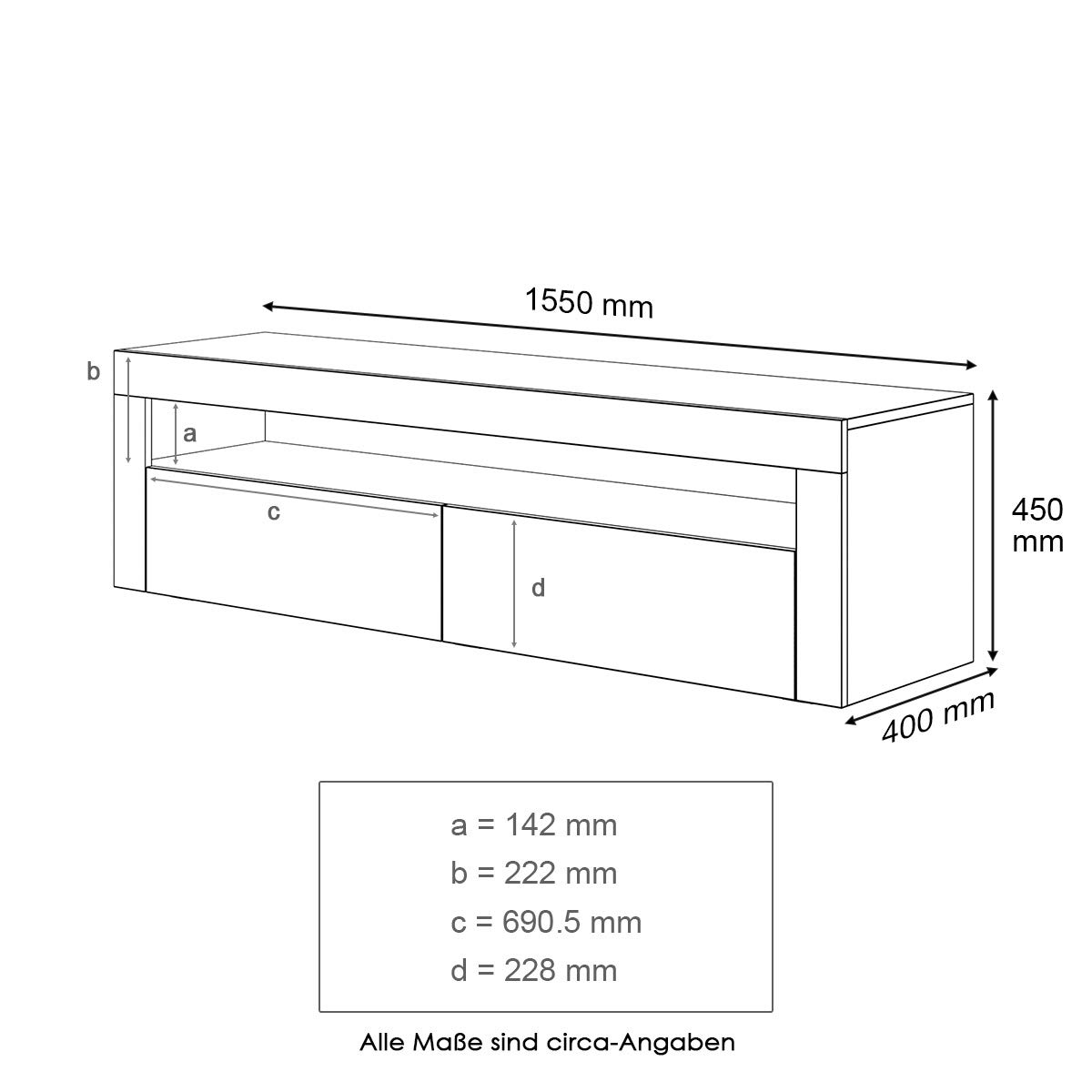 SONNI TV-Schrank mit LED (16 Farben), 2 Türen, Hochglanz Weiß, 155x40x45cm | Lowboard für Fernseher bis zu 60 Zoll, TV Board mit Großer Stauraum, TV-Regal für Wohnzimmer, Esszimmer, Schlafzimmer
