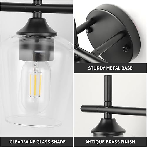 Miniatura 5 de Lámparas de tocador de baño, 3 luces negras sobre el espejo, iluminación moderna de tocador con pantalla de vidrio transparente, lámpara de pared