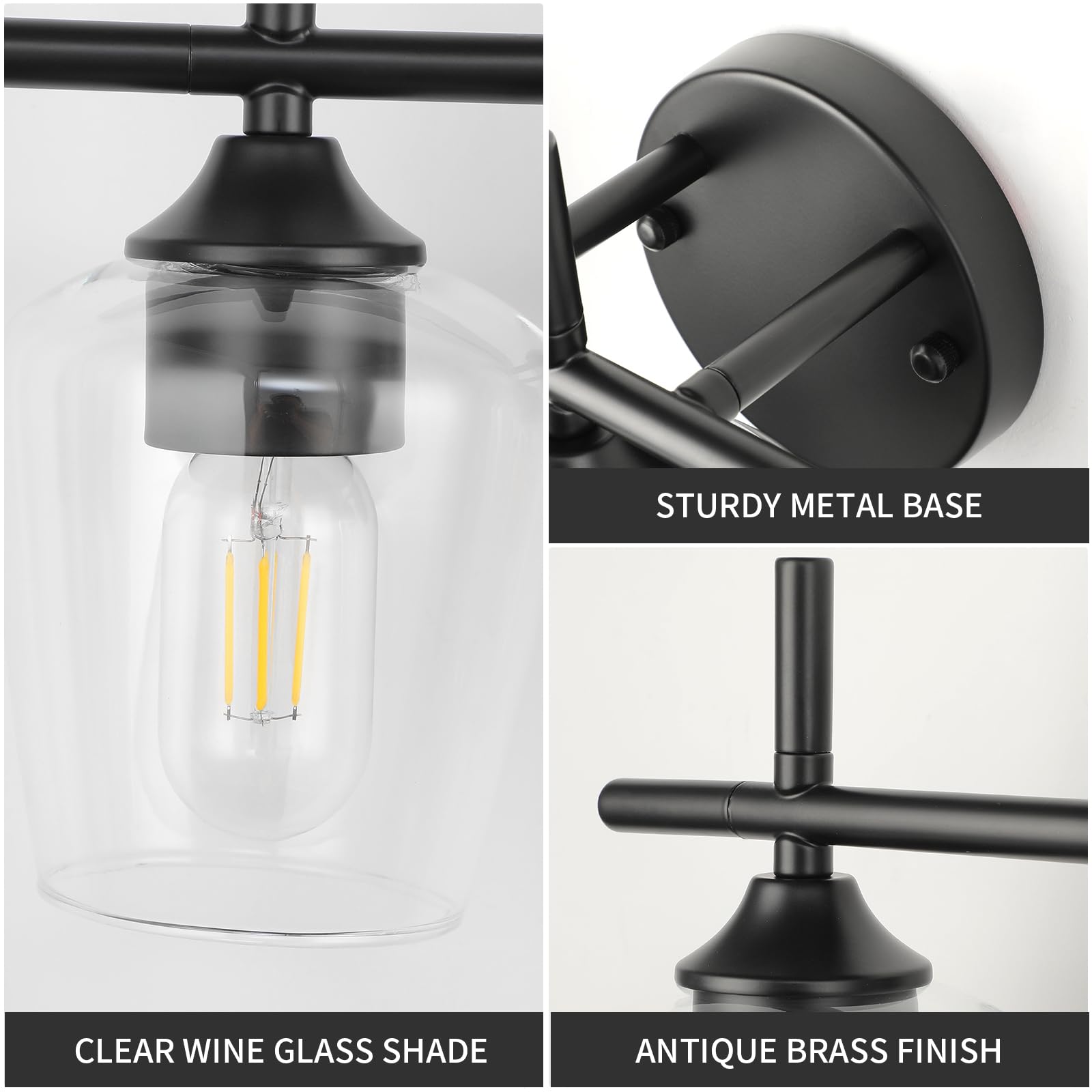 Bathroom Light Fixtures 3 Light Matte Black Vanity Light, Vintage Wall