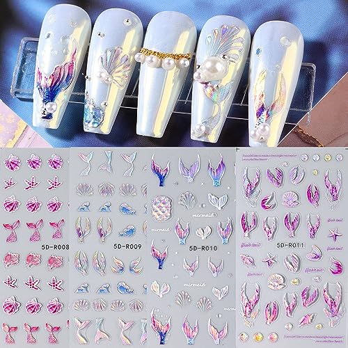 Qdsuh QIPOPVF02 5D Summer Nail Art Stickers, 5D Embossed Holographic Mermaid Nail Decals Mermaid Jellyfish Starfish Ocean Nail Art Supplies Luxurious Summer Nail Design thumb #5