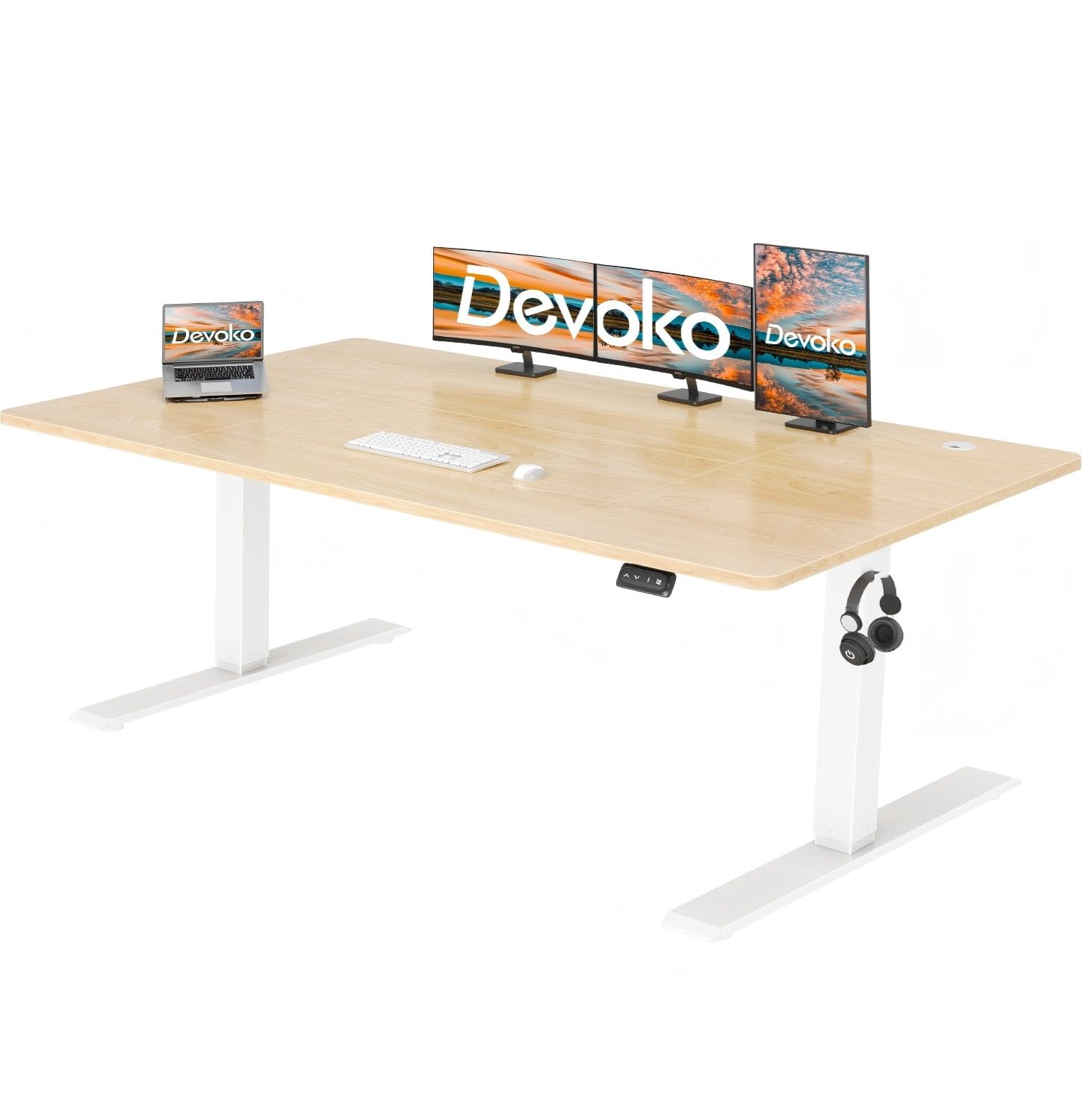 Devoko Electric Standing Desk 160x70cm, Height Adjustable Desk Ergonomic Stand up Table with 2 Memory Preset, Begie