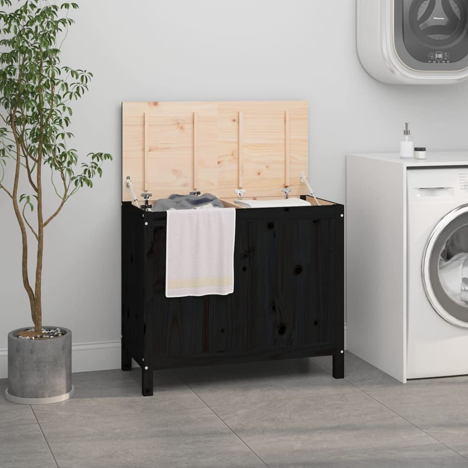 Homgoday Caja para la colada negra 88,5 x 44 x 76 cm madera maciza de pino, muebles, baúles y baúles, contenedor de jardín, porta herramientas de jardín, puf de exterior, baúl de exterior