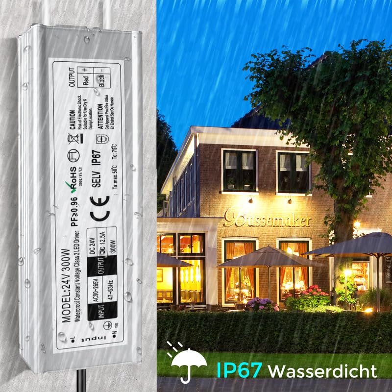 Trasformatore LED 24 V 300 W IP67, trasformatore impermeabile per esterni, con spina, alimentatore a LED, driver da 230 V a DC 24 Volt, adattatore LED Driver esterno per luci LED