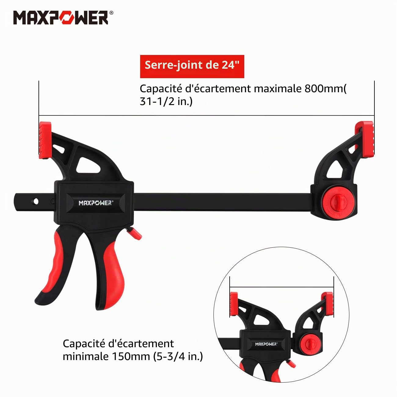 MAXPOWER Serre Joint 600 mm Serres-joints 4 Pièces d'etirement jusqu'à 800 mm Serre-joint Rapide -Serres Joint à une Main Force de Serrage max. 100 kg