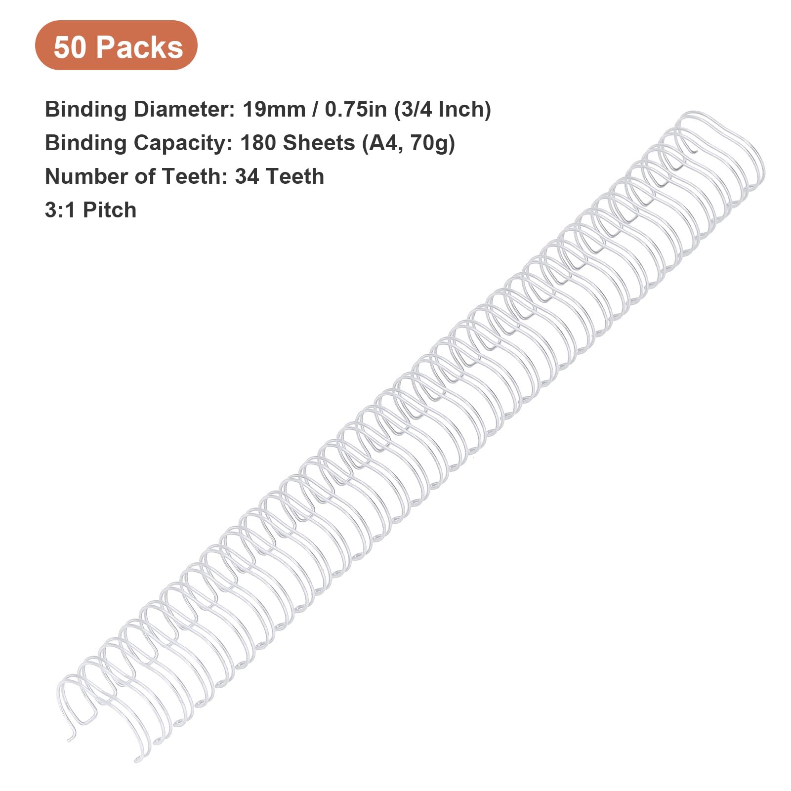 Doppelschlaufen-Drahtbinderücken für A4-Papierformat – 19 mm 3/4 Zoll Durchmesser mit 180 Blatt Kapazität – 3:1 Teilung, 34 Schlaufen, Metallspulen mit Nylonbeschichtung – Gold – (Silber)