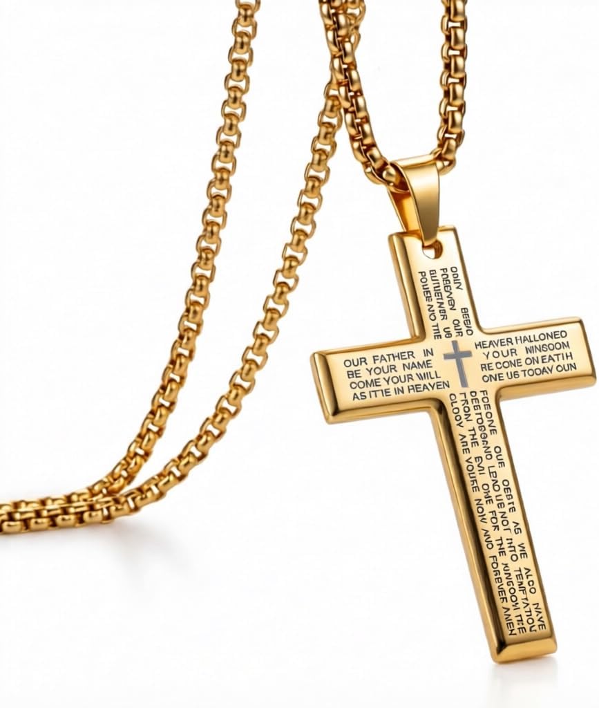 Rnivida Men's Cross Necklace with Lord's Prayer, Stainless Steel Christian Cross Pendant Necklace for Men