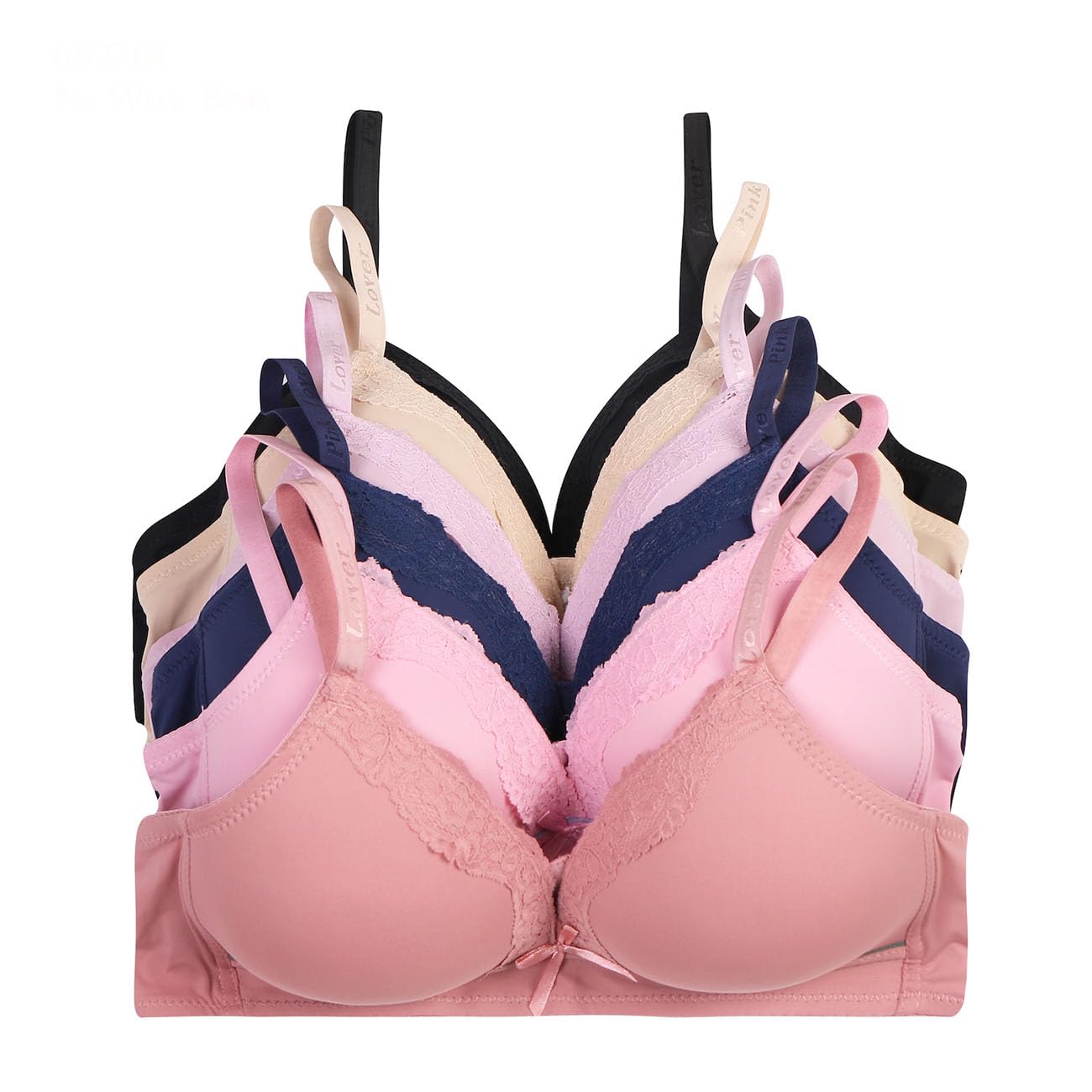 6 Pieces No Wire Full Cup Plain/Lace Light Padded Wire Free Bra