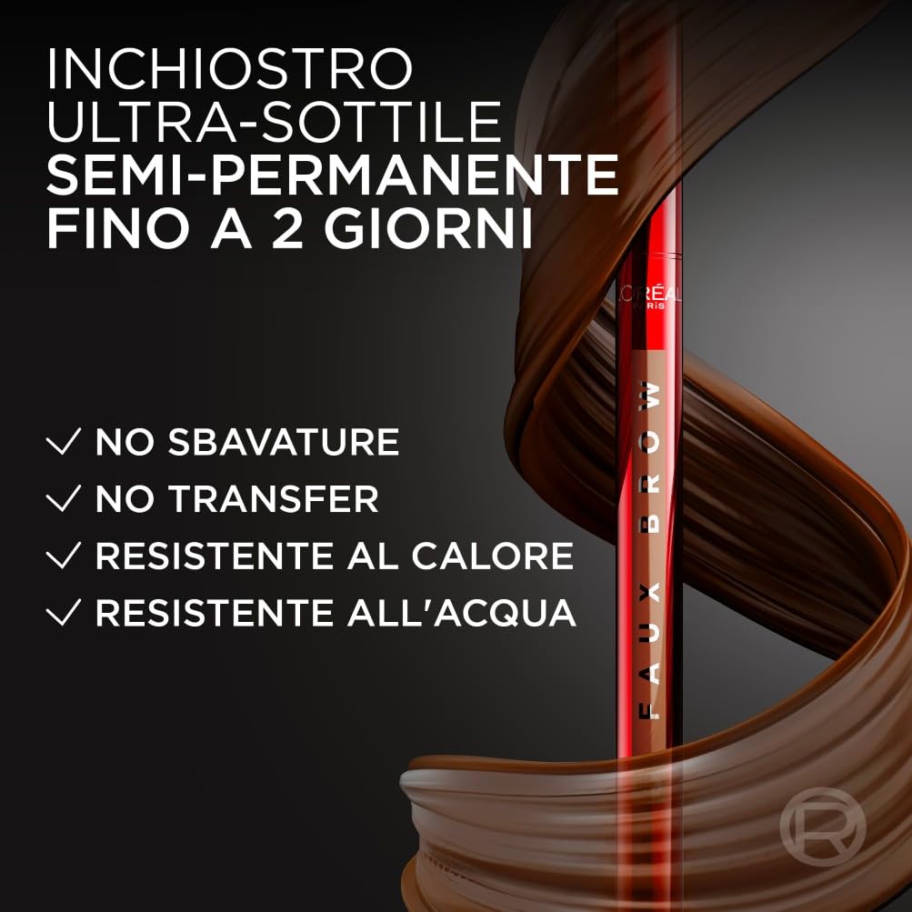 L'Oréal Paris Penna Sopracciglia, Per Sopracciglia Folte e Colorate, Tenuta Fino a 48H, Effetto Ultra Naturale, No Transfer, Infaillible Faux Brow, Tonalità: Dark Brunette, 1 g