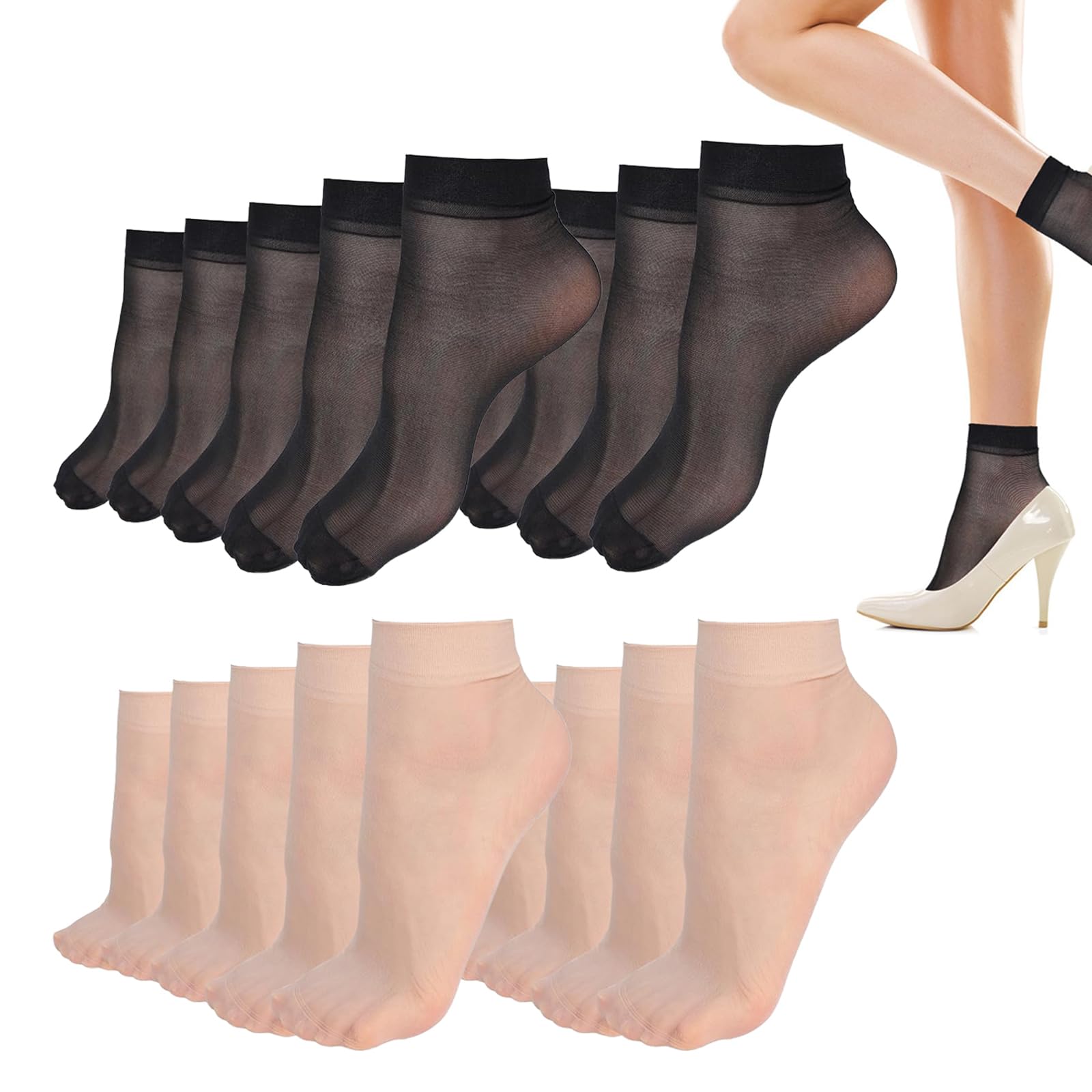 Excellaelite Women's Black+Nude 20 Pairs Pop Socks Ankle, Breathable Thin Sheer Socks, Nylon Sock Reinforced Toe For And Girls