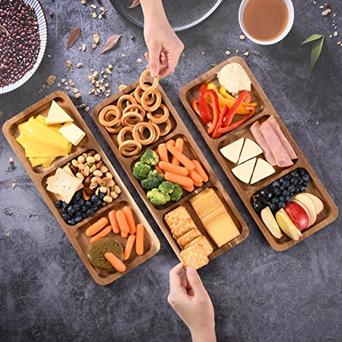 Lorbro Acacia Wood Serving Tray, 14" X 5.5" Wooden Serving Platter, 3 Section Rectangular Wooden Trays For Food, Cheese, Snacks, Fruit, Appetizer, Charcuterie, Home Decor, Set Of 3 Pack #TOP4